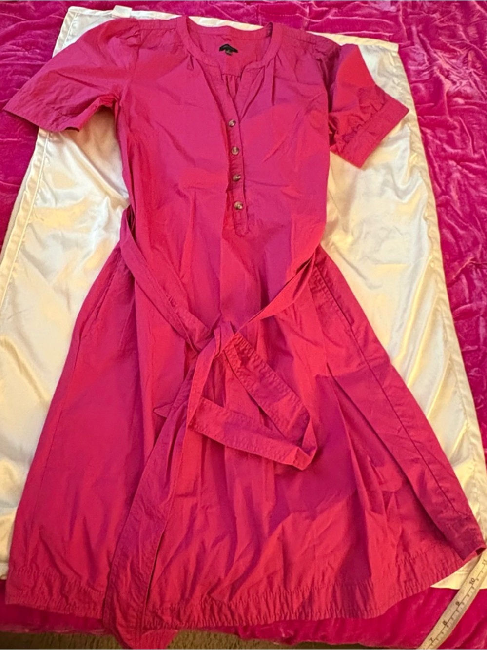Talbots Fuchsia Short Sleeve Button-Front Dress with Waist Tie